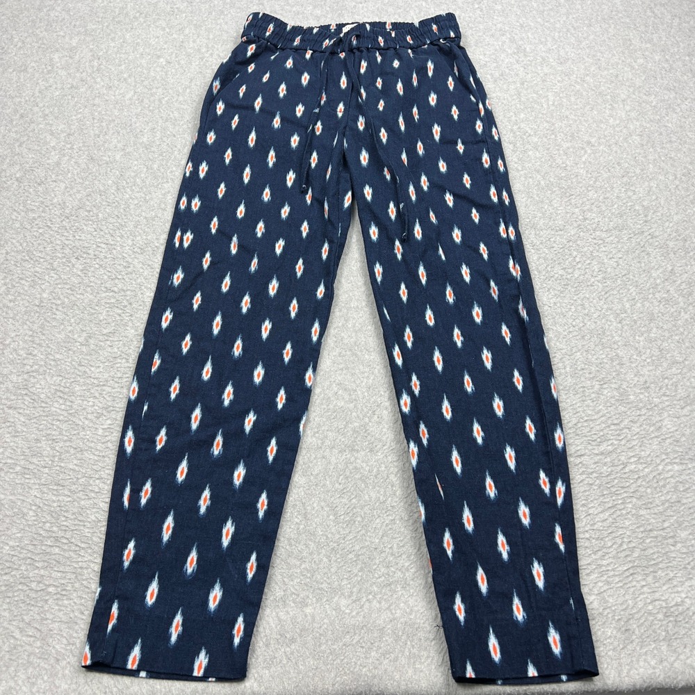 J.Crew Ikat Pants Womens 00 Navy Blue Aztec Linen Drawstring Stretch Beach J0818